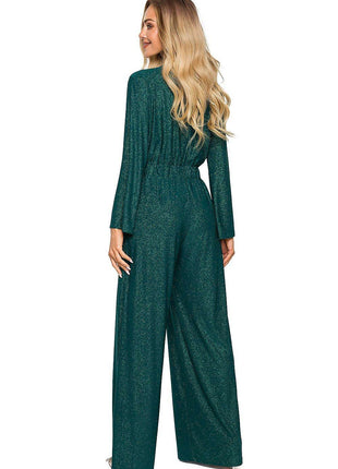 Elegant Wide-Leg Jumpsuit with Brocade Trim and Draped Overlap Neckline - MimiStylez