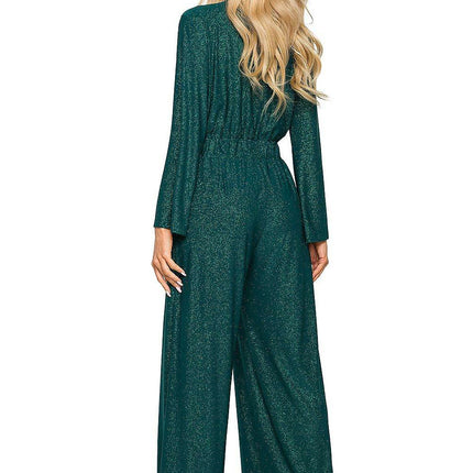 Elegant Wide-Leg Jumpsuit with Brocade Trim and Draped Overlap Neckline - MimiStylez