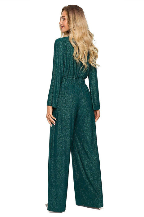Elegant Wide-Leg Jumpsuit with Brocade Trim and Draped Overlap Neckline - MimiStylez