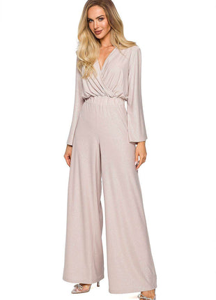 Elegant Wide-Leg Jumpsuit with Brocade Trim and Draped Overlap Neckline - MimiStylez