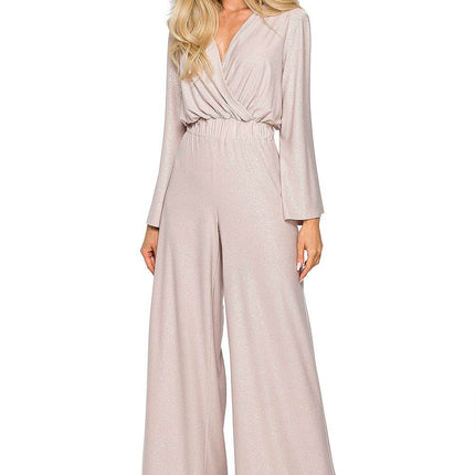 Elegant Wide-Leg Jumpsuit with Brocade Trim and Draped Overlap Neckline - MimiStylez