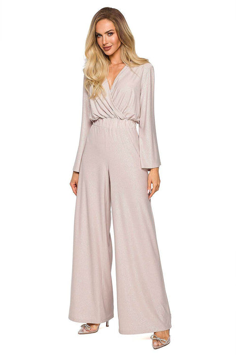 Elegant Wide-Leg Jumpsuit with Brocade Trim and Draped Overlap Neckline - MimiStylez