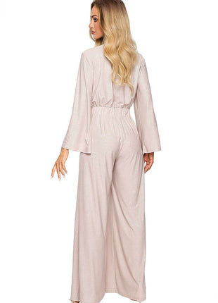 Elegant Wide-Leg Jumpsuit with Brocade Trim and Draped Overlap Neckline - MimiStylez