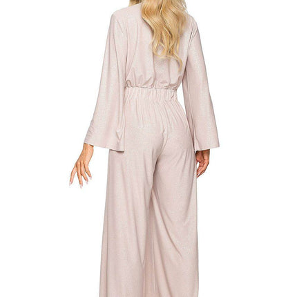 Elegant Wide-Leg Jumpsuit with Brocade Trim and Draped Overlap Neckline - MimiStylez