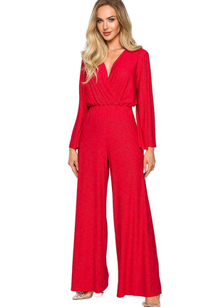 Elegant Wide-Leg Jumpsuit with Brocade Trim and Draped Overlap Neckline - MimiStylez
