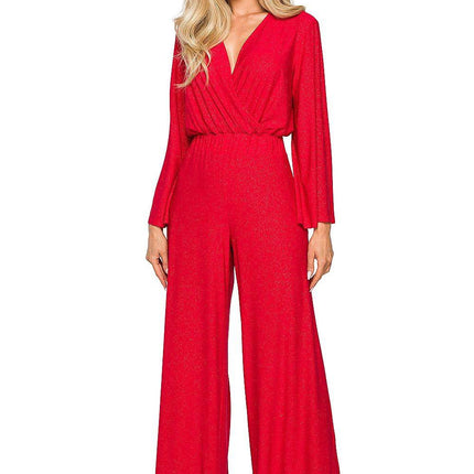 Elegant Wide-Leg Jumpsuit with Brocade Trim and Draped Overlap Neckline - MimiStylez