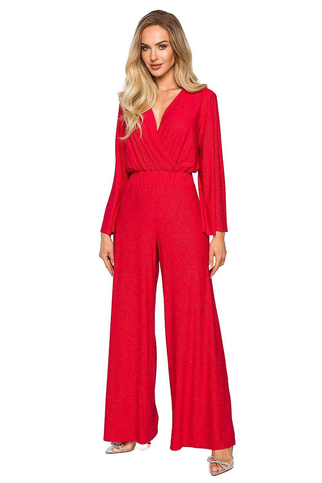 Elegant Wide-Leg Jumpsuit with Brocade Trim and Draped Overlap Neckline - MimiStylez
