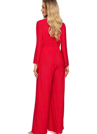 Elegant Wide-Leg Jumpsuit with Brocade Trim and Draped Overlap Neckline - MimiStylez