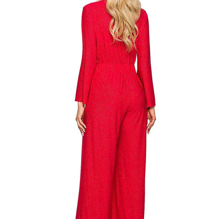 Elegant Wide-Leg Jumpsuit with Brocade Trim and Draped Overlap Neckline - MimiStylez