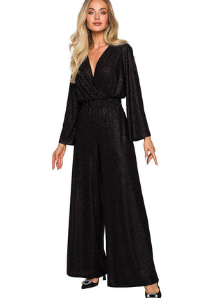 Elegant Wide-Leg Jumpsuit with Brocade Trim and Draped Overlap Neckline - MimiStylez
