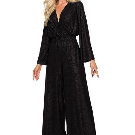 Elegant Wide-Leg Jumpsuit with Brocade Trim and Draped Overlap Neckline - MimiStylez