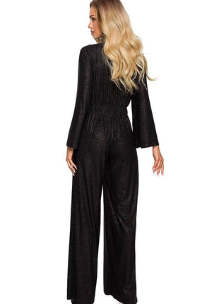 Elegant Wide-Leg Jumpsuit with Brocade Trim and Draped Overlap Neckline - MimiStylez