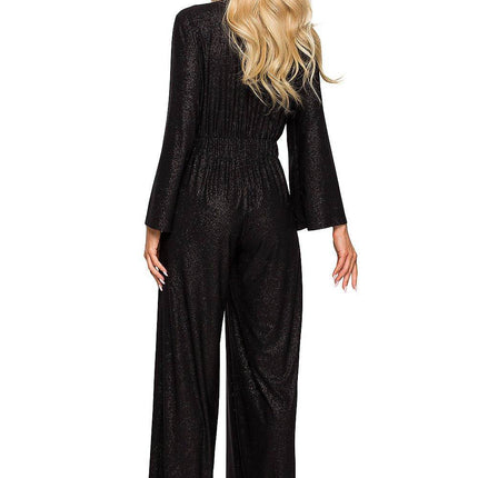 Elegant Wide-Leg Jumpsuit with Brocade Trim and Draped Overlap Neckline - MimiStylez