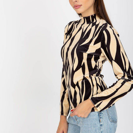 Velour Long-Sleeve Blouse with Stand-Up Collar and Pattern - MimiStylez