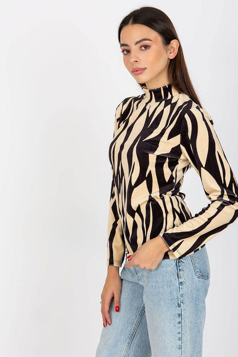 Velour Long-Sleeve Blouse with Stand-Up Collar and Pattern - MimiStylez