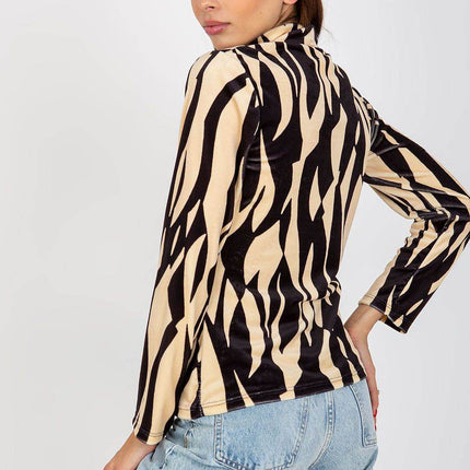 Velour Long-Sleeve Blouse with Stand-Up Collar and Pattern - MimiStylez