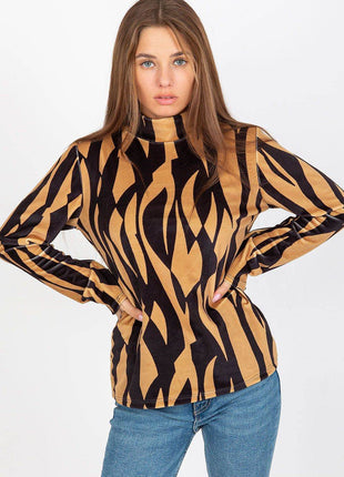Velour Long-Sleeve Blouse with Stand-Up Collar and Pattern - MimiStylez