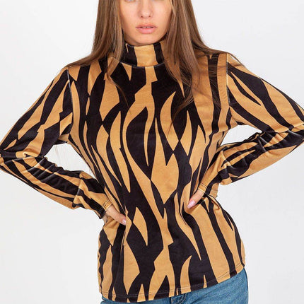 Velour Long-Sleeve Blouse with Stand-Up Collar and Pattern - MimiStylez