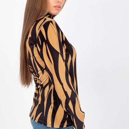 Velour Long-Sleeve Blouse with Stand-Up Collar and Pattern - MimiStylez