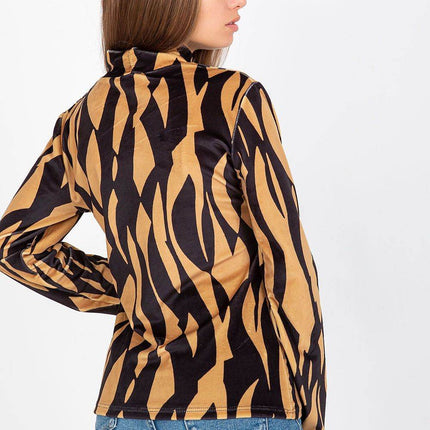 Velour Long-Sleeve Blouse with Stand-Up Collar and Pattern - MimiStylez