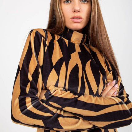 Velour Long-Sleeve Blouse with Stand-Up Collar and Pattern - MimiStylez