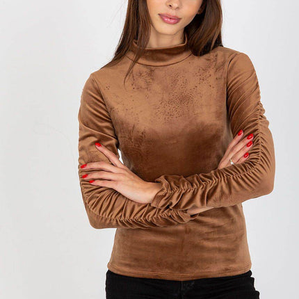 Velour Blouse with Stand-Up Collar and Gathered Sleeves - MimiStylez