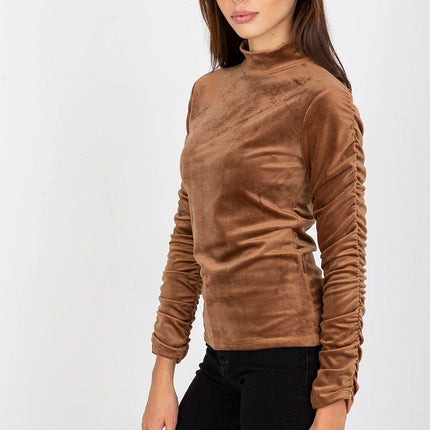 Velour Blouse with Stand-Up Collar and Gathered Sleeves - MimiStylez