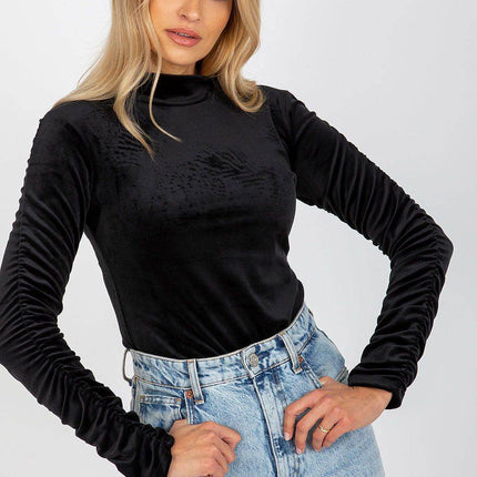 Velour Blouse with Stand-Up Collar and Gathered Sleeves - MimiStylez