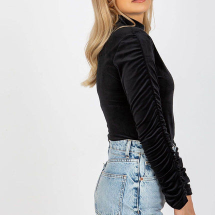Velour Blouse with Stand-Up Collar and Gathered Sleeves - MimiStylez