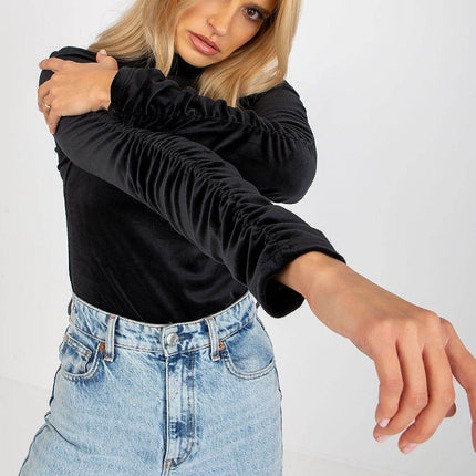 Velour Blouse with Stand-Up Collar and Gathered Sleeves - MimiStylez