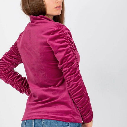 Velour Blouse with Stand-Up Collar and Gathered Sleeves - MimiStylez