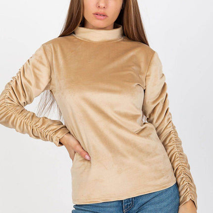 Velour Blouse with Stand-Up Collar and Gathered Sleeves - MimiStylez
