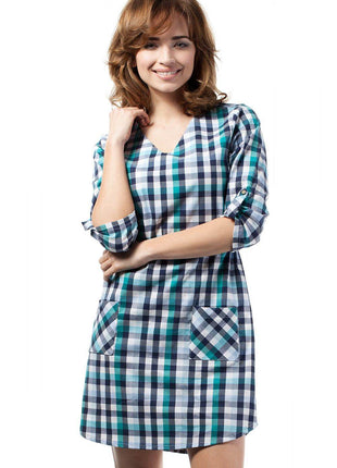 Plaid Dress with Heart Neckline, Gold Back Buttons & 3/4 Foldover Sleeves - MimiStylez