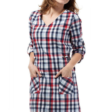 Plaid Dress with Heart Neckline, Gold Back Buttons & 3/4 Foldover Sleeves - MimiStylez