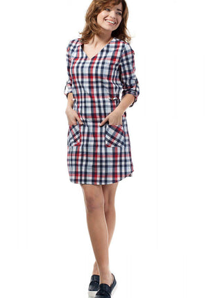 Plaid Dress with Heart Neckline, Gold Back Buttons & 3/4 Foldover Sleeves - MimiStylez