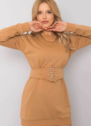 Belted Tracksuit Cotton Mini Dress with Long Sleeves - MimiStylez