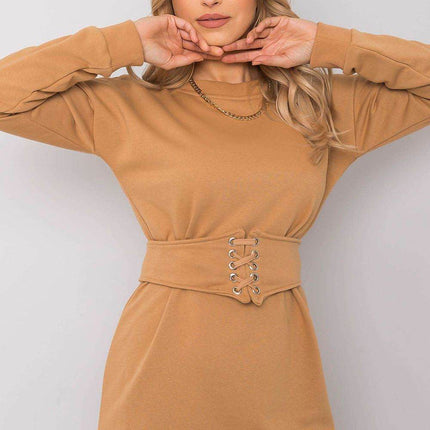 Belted Tracksuit Cotton Mini Dress with Long Sleeves - MimiStylez