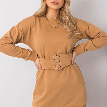 Belted Tracksuit Cotton Mini Dress with Long Sleeves - MimiStylez