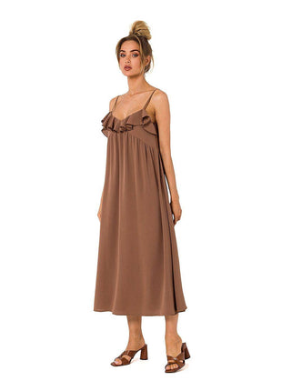 Loose-Fit Midi Dress with Thin Straps & Decorative Ruffle Neckline - MimiStylez