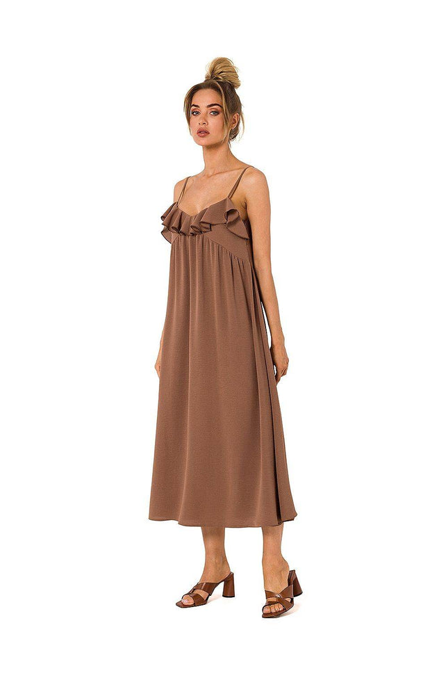 Loose-Fit Midi Dress with Thin Straps & Decorative Ruffle Neckline - MimiStylez