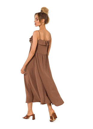 Loose-Fit Midi Dress with Thin Straps & Decorative Ruffle Neckline - MimiStylez
