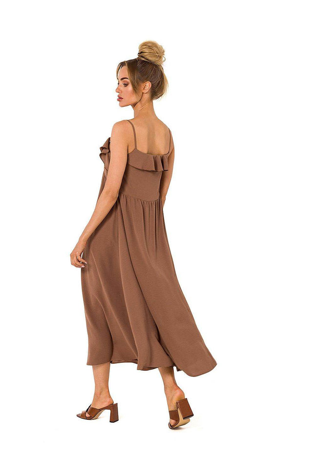 Loose-Fit Midi Dress with Thin Straps & Decorative Ruffle Neckline - MimiStylez