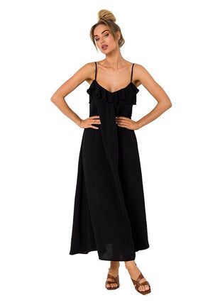 Loose-Fit Midi Dress with Thin Straps & Decorative Ruffle Neckline - MimiStylez