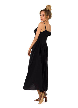 Loose-Fit Midi Dress with Thin Straps & Decorative Ruffle Neckline - MimiStylez
