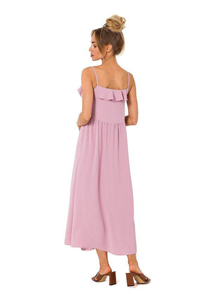 Loose-Fit Midi Dress with Thin Straps & Decorative Ruffle Neckline - MimiStylez