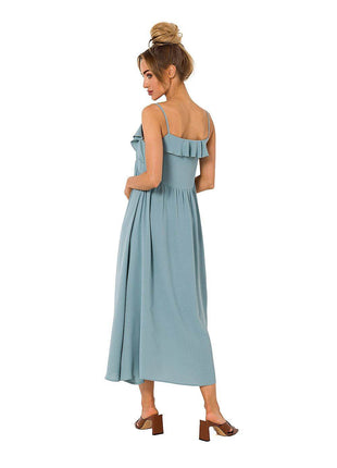 Loose-Fit Midi Dress with Thin Straps & Decorative Ruffle Neckline - MimiStylez
