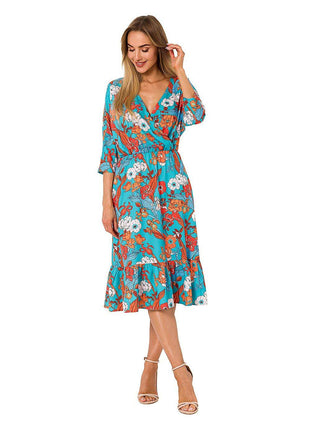 Summer Floral Midi Dress with Ruffle, Envelope Neckline & Elastic Waistband - MimiStylez