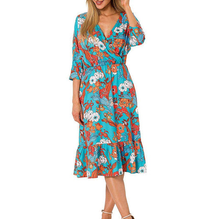 Summer Floral Midi Dress with Ruffle, Envelope Neckline & Elastic Waistband - MimiStylez