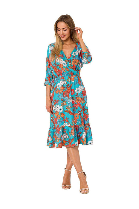 Summer Floral Midi Dress with Ruffle, Envelope Neckline & Elastic Waistband - MimiStylez