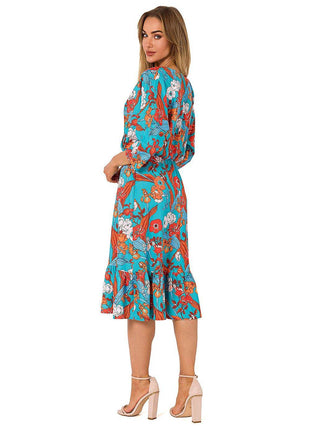 Summer Floral Midi Dress with Ruffle, Envelope Neckline & Elastic Waistband - MimiStylez